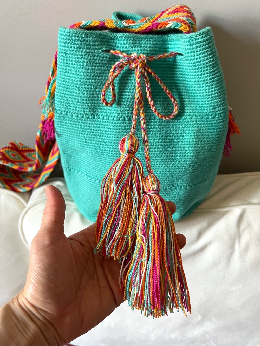 Authentic Handmade Colombian Wayuu Mochila Bag Aqua Large Woven Crossbody NEW